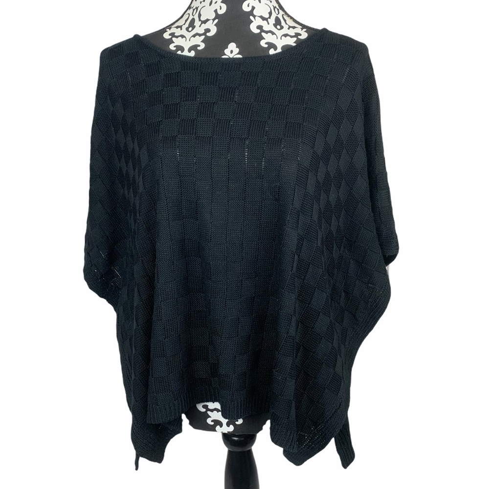 Mud Pie Sweater Black Poncho Style Textured Flowy